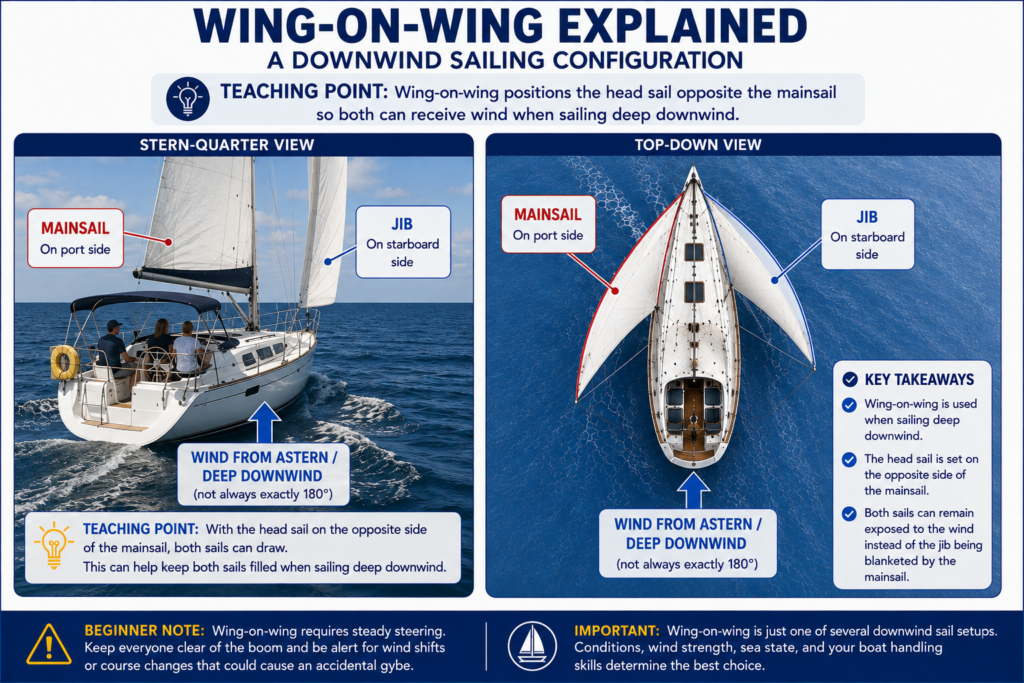 Wing-on-wing sailing diagram showing the mainsail and jib on opposite sides while sailing downwind