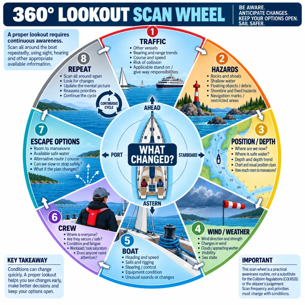 360-degree sailing lookout scan wheel showing traffic, hazards, position and depth, weather, boat condition, crew and escape options around a sailboat.