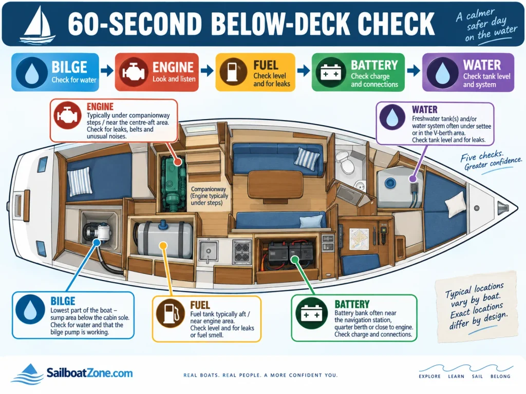 Top-down sailboat interior diagram showing a 60-second below-deck check: bilge, engine, fuel, battery and water, with typical component locations that vary by boat.