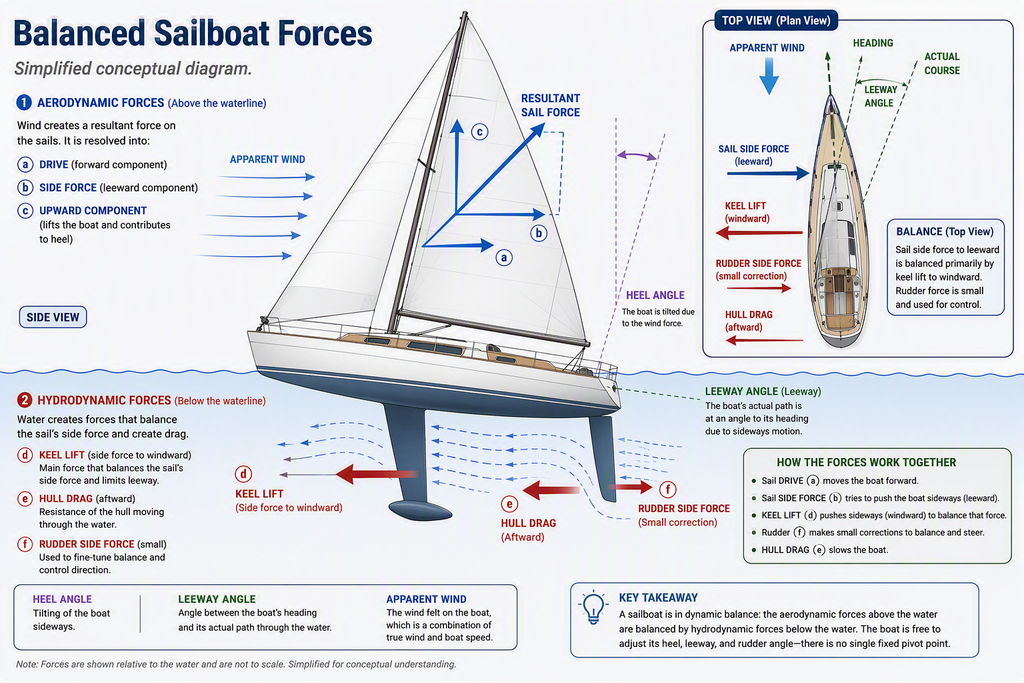 Simplified conceptual diagram of balanced sailboat forces showing aerodynamic sail forces above the waterline, hydrodynamic keel lift and hull drag below the waterline, rudder correction, heel angle, leeway angle, and a top-view inset illustrating force balance between sails and keel.
Show more lines