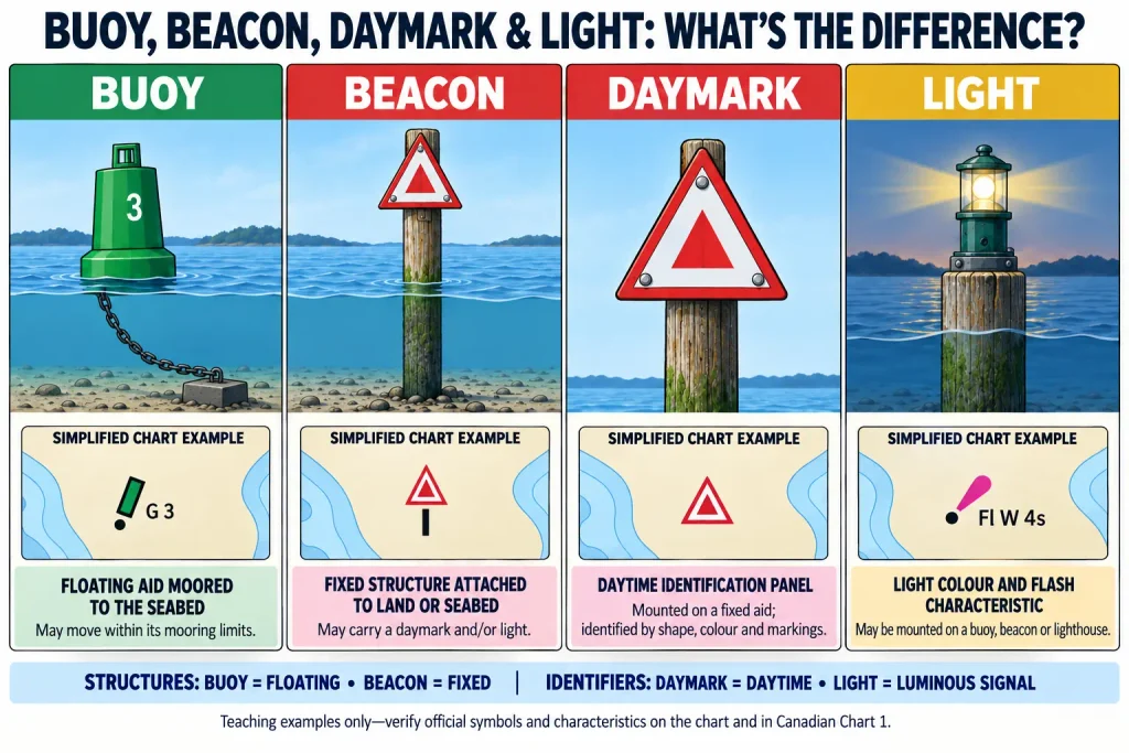 Comparison of a floating buoy, fixed beacon, daytime daymark and marine light with simplified chart symbols.