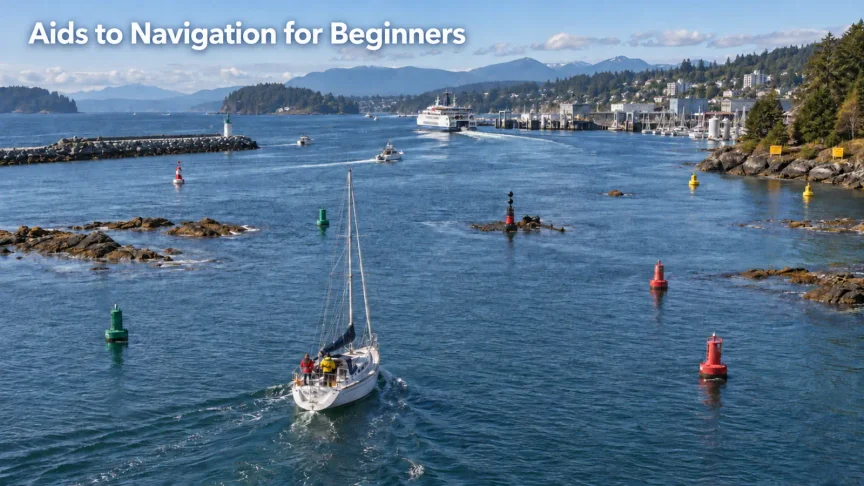 Beginner sailboat entering a busy Canadian harbour between red and green lateral buoys, with fairway, special and isolated-danger marks.