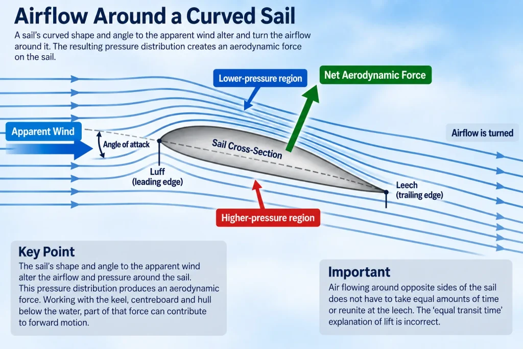 Diagram showing apparent wind flowing around a curved sail, with angle of attack, pressure regions, airflow turning, and net aerodynamic force.
