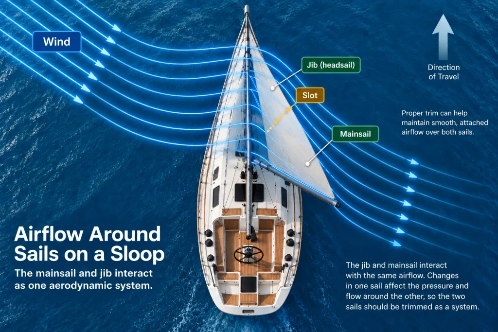 Top-down diagram showing wind flowing around the jib and mainsail of a sloop, with both sails trimmed to the same side and the slot between them.