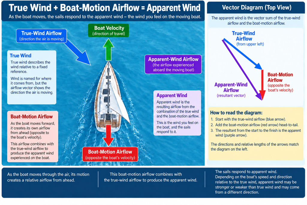 Beginner sailing diagram showing how true-wind airflow and boat-motion airflow combine to create apparent wind.