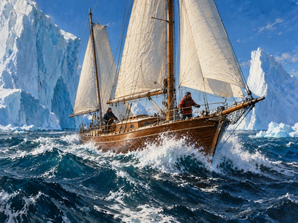 Wooden ketch sailing through rough Arctic seas between towering icebergs with two experienced crew aboard.