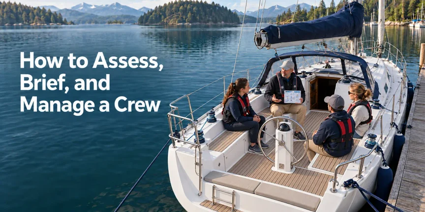 Skipper briefs three crew members in the cockpit of a docked cruising sailboat with clear working space behind the wheel.