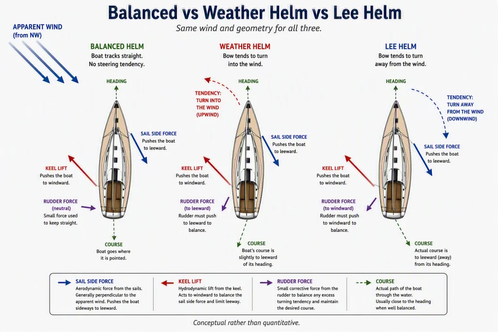 Diagram comparing balanced helm, weather helm and lee helm on a sailboat, showing wind, sail force, keel lift, rudder force and turning tendency.