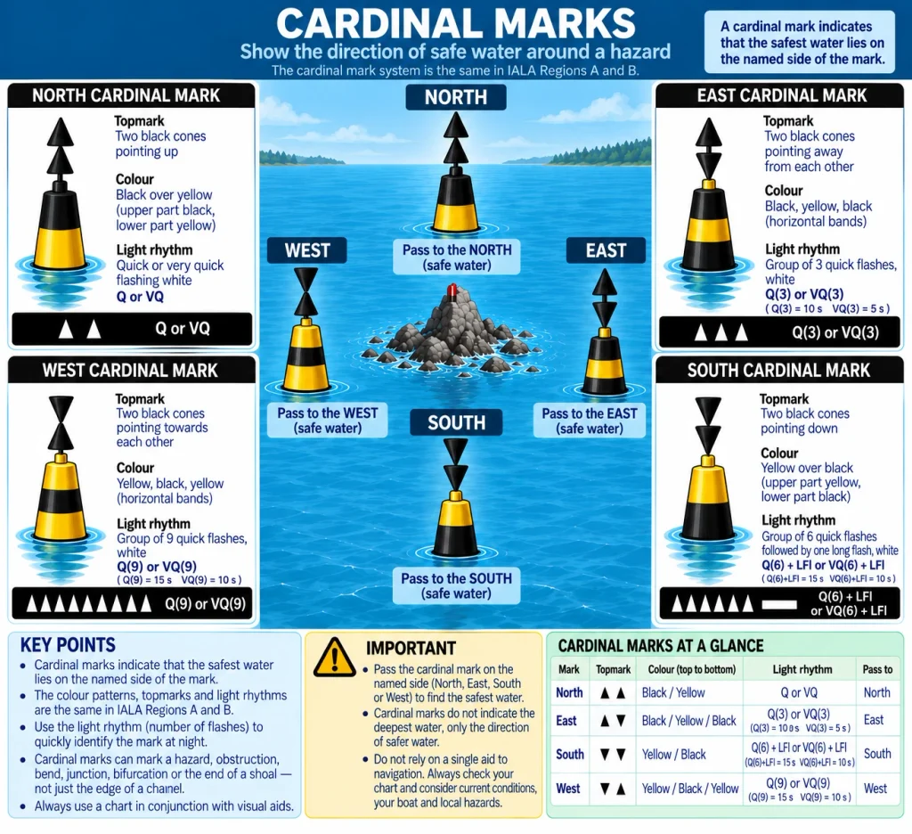 Cardinal marks diagram showing North, East, South and West marks around a hazard with correct colour bands, cone topmarks, light rhythms and safe passing sides.