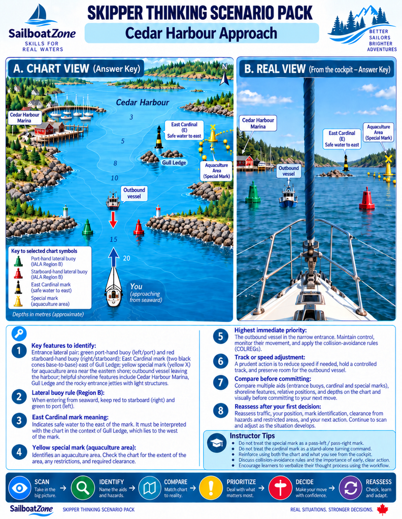 Cedar Harbour navigation answer guide showing Region B entrance buoys, an East Cardinal mark, aquaculture special mark, outbound vessel, and skipper decision-making guidance.