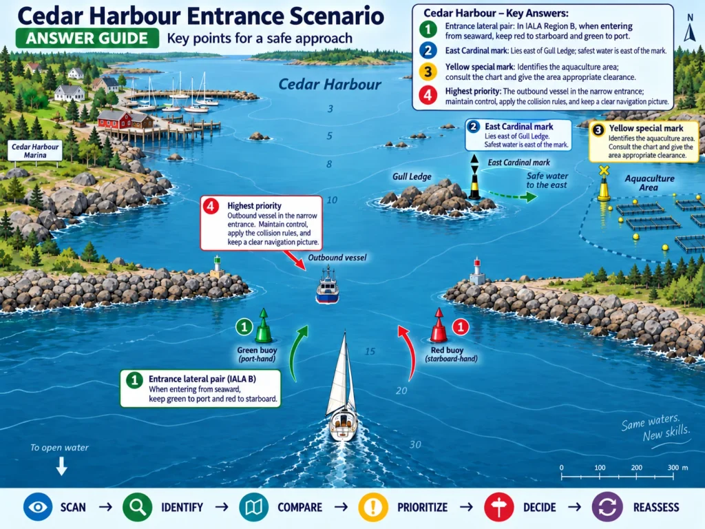 Cedar Harbour entrance scenario answer guide showing an inbound sailboat, Region B lateral entrance buoys, an East Cardinal mark by Gull Ledge, a yellow aquaculture special mark, and an outbound vessel.