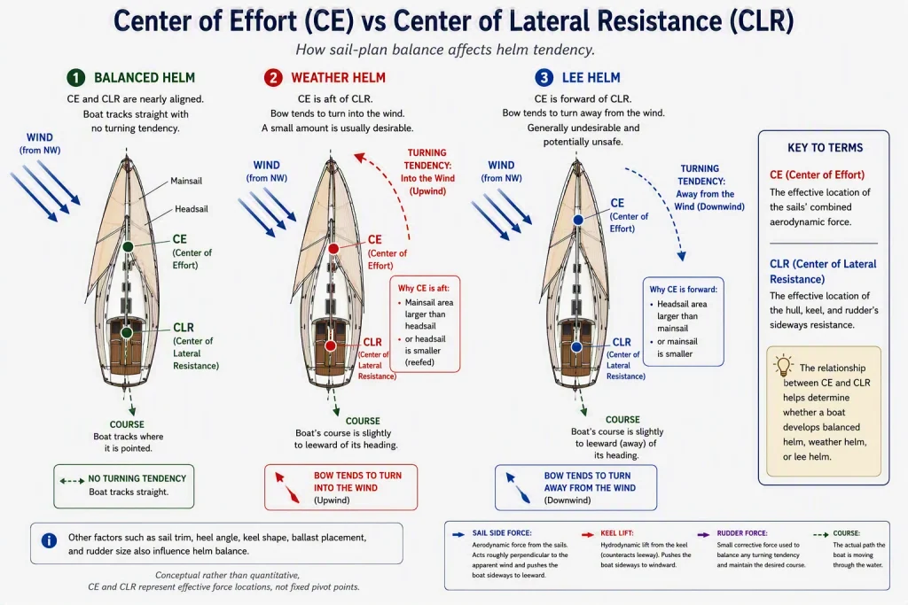 Diagram comparing center of effort and center of lateral resistance for balanced helm, weather helm and lee helm on a sailboat.