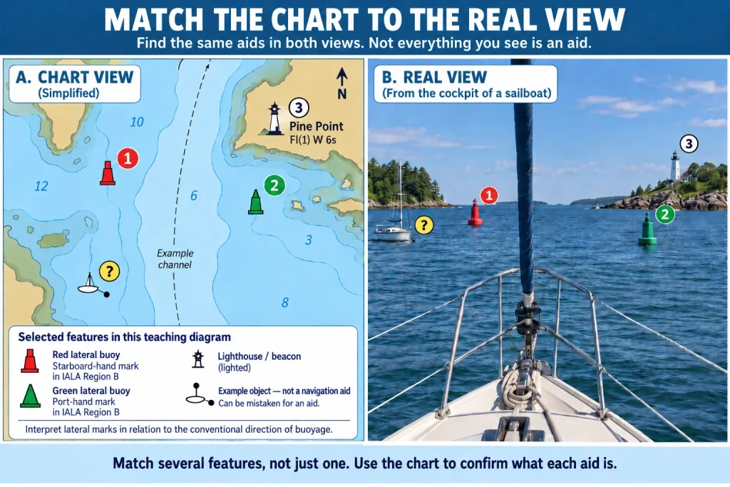 Split-screen navigation diagram showing a simplified chart on the left and a cockpit view on the right, with three matching aids and one ambiguous object highlighted.