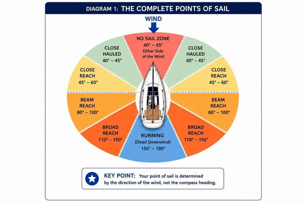 Points of sail diagram showing the no-sail zone, close hauled, close reach, beam reach, broad reach and running relative to the wind.