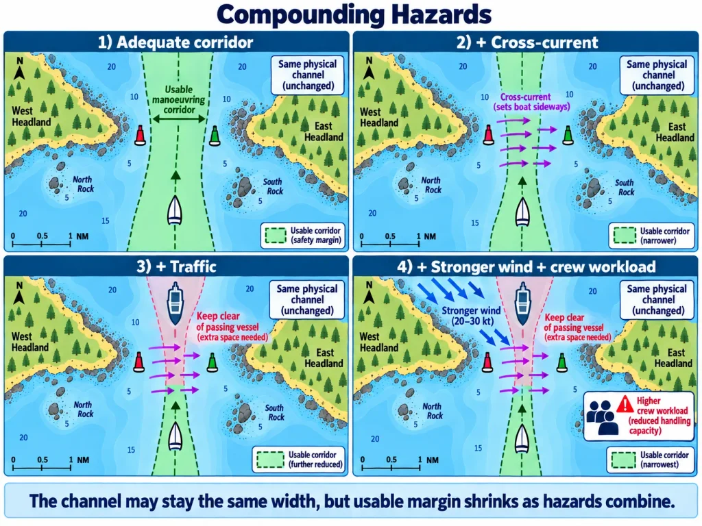 Current, traffic, stronger wind and crew workload progressively reduce the usable safety margin in the same narrow sailing route.