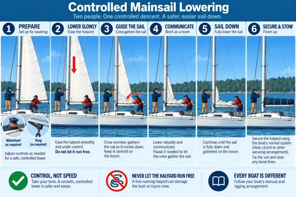Six-step diagram showing two sailors lowering a mainsail under control, with one easing the halyard while the other gathers the sail onto the boom.