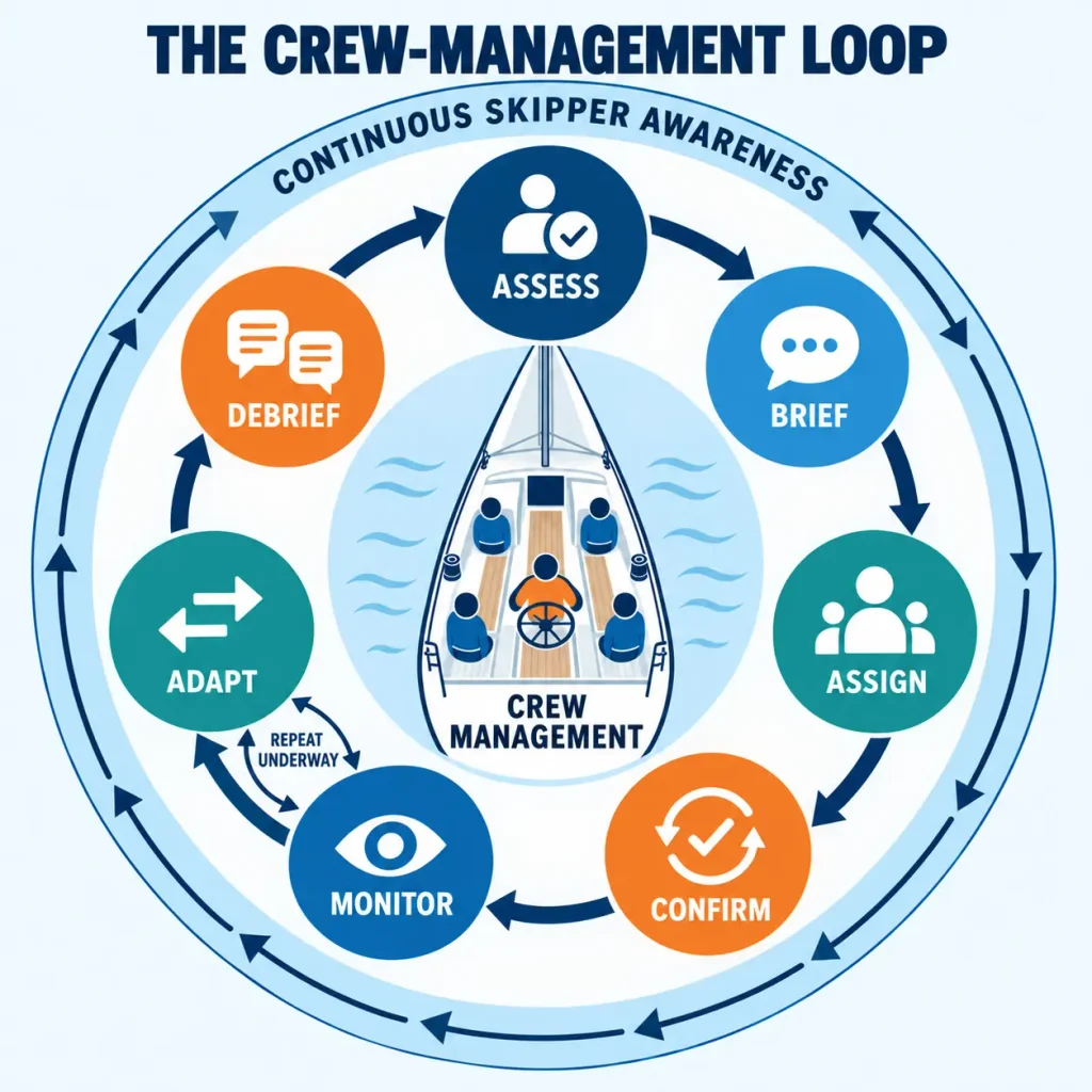Circular crew-management diagram cycles through assess, brief, assign, confirm, monitor, adapt and debrief, surrounded by continuous skipper awareness.