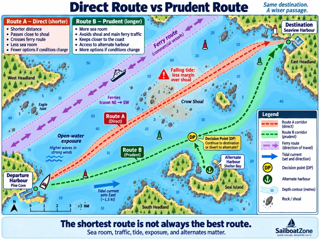 A direct sailing route passes near a shoal and through exposed ferry traffic, while a longer route preserves more sea room, access to an alternate harbour, and a decision point.