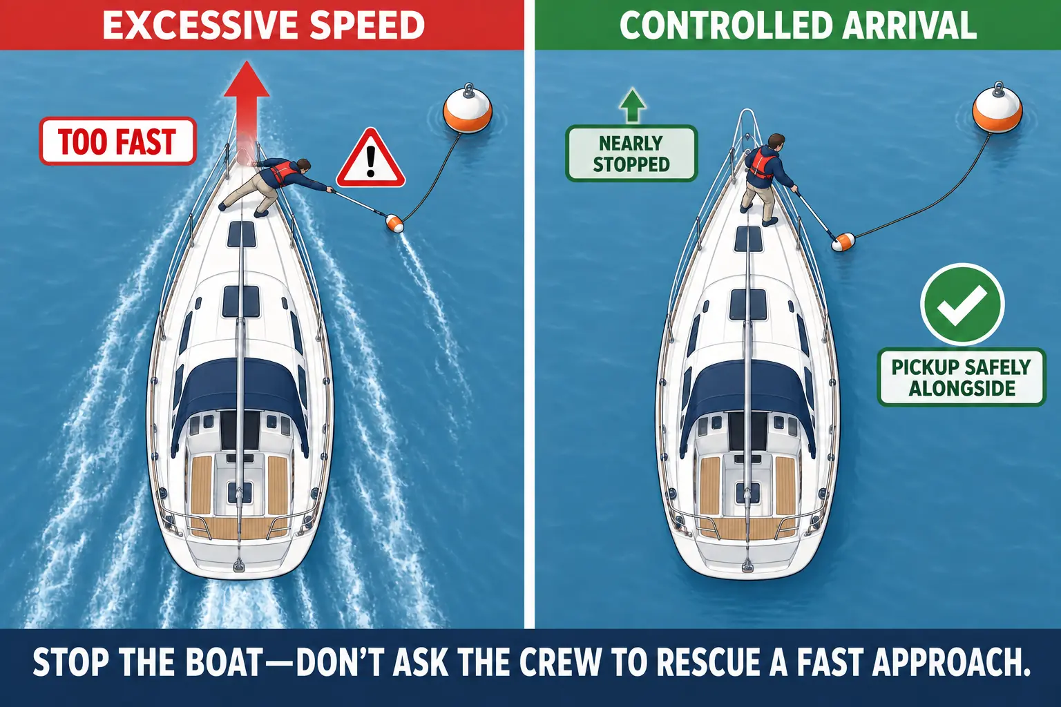 Two-panel diagram comparing a fast mooring approach with dangerously overreaching crew against a controlled, nearly stopped arrival.