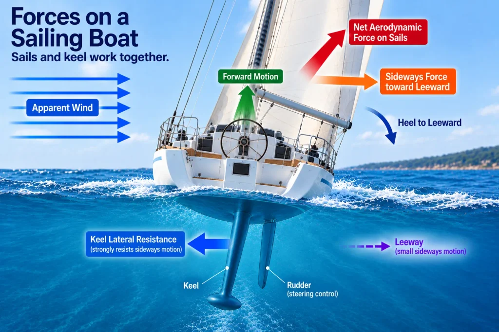 Diagram showing aerodynamic force on a sailboat’s sails, keel lateral resistance, leeway, forward motion and heel to leeward.