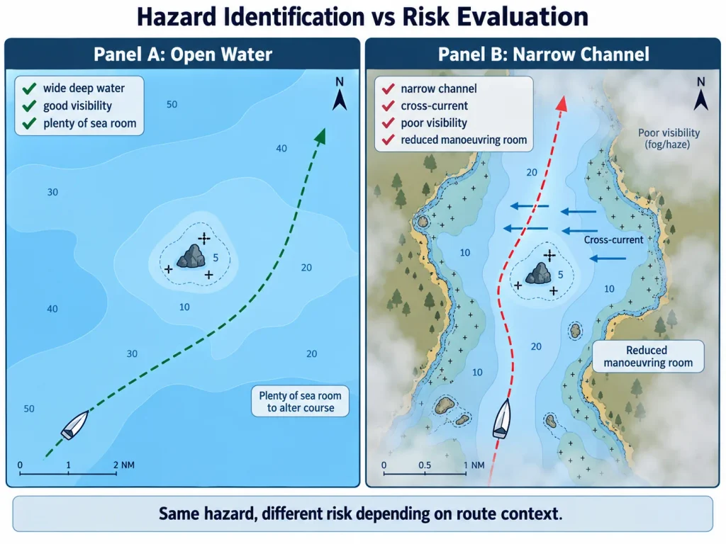 The same charted rock presents different route risk in open water and in a narrow channel with cross-current, poor visibility, and reduced manoeuvring room.