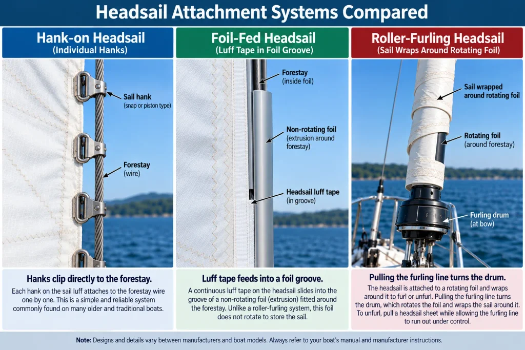 Diagram comparing hank-on, foil-fed and roller-furling headsails, showing hanks, luff tape, forestay, foil and furling drum.