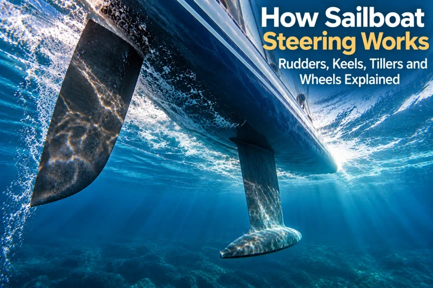 Underwater view of a sailboat’s rudder and keel while underway, illustrating how sailboat steering works.