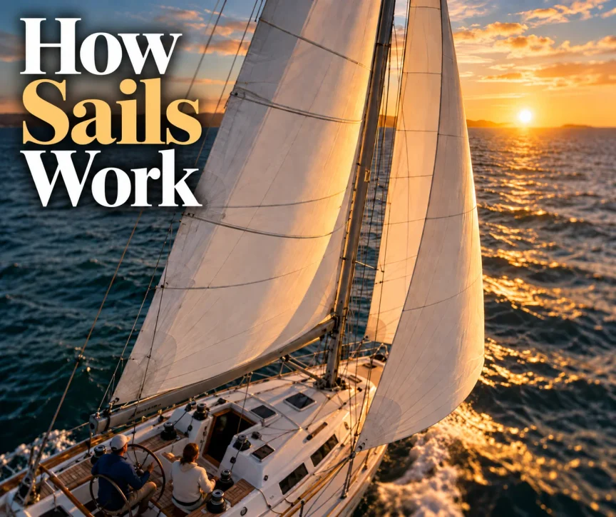 Sailboat under full sails at golden hour illustrating how sails work to power a sailboat.