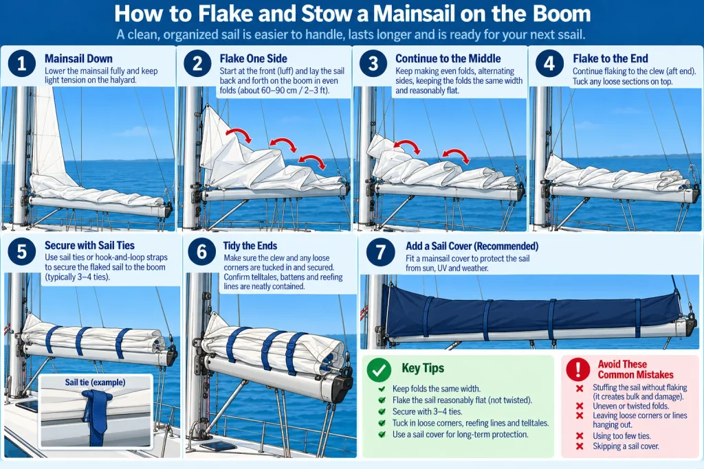 Step-by-step vector diagram showing a mainsail being lowered, flaked into even folds along the boom, secured with sail ties and protected with a sail cover.