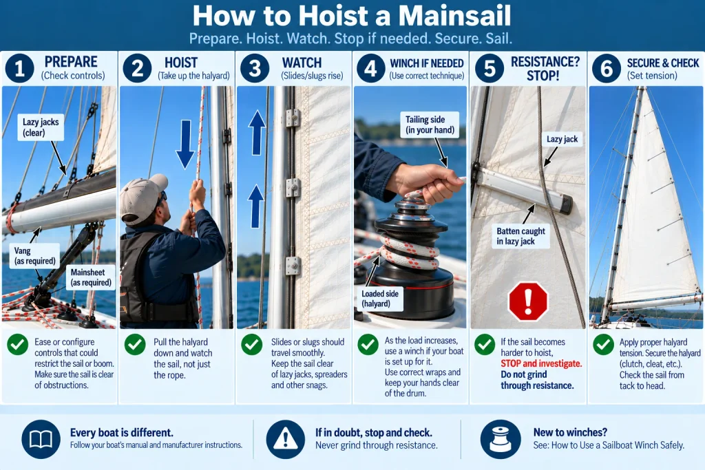 Six-step diagram showing how to hoist a mainsail, from preparing controls and pulling the halyard to checking for resistance and securing the sail.