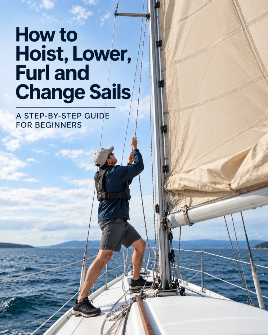 Sailor hoisting a mainsail by pulling the halyard alongside the mast on a cruising sailboat.