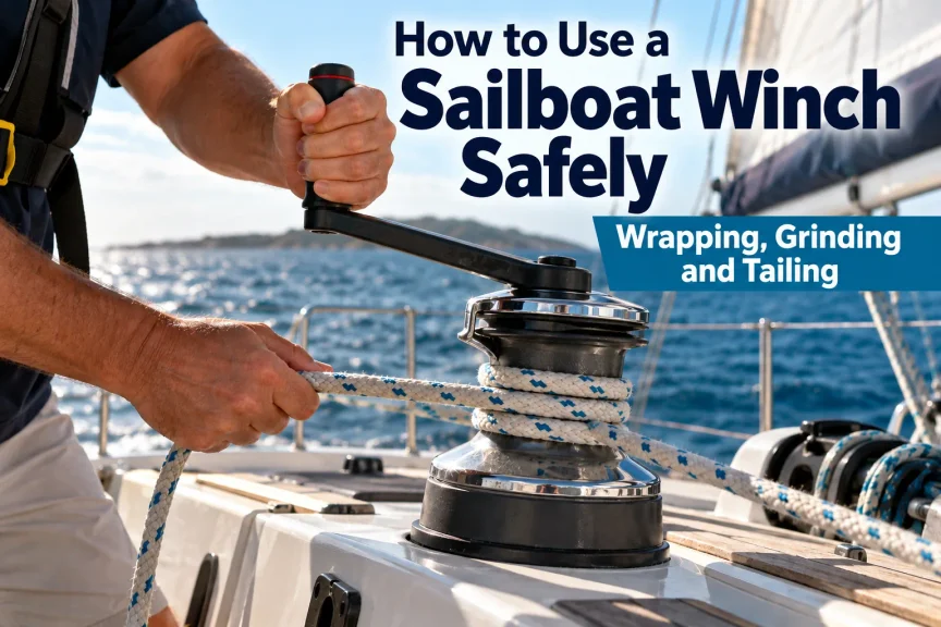 Sailor safely using a sailboat winch to control a loaded line
