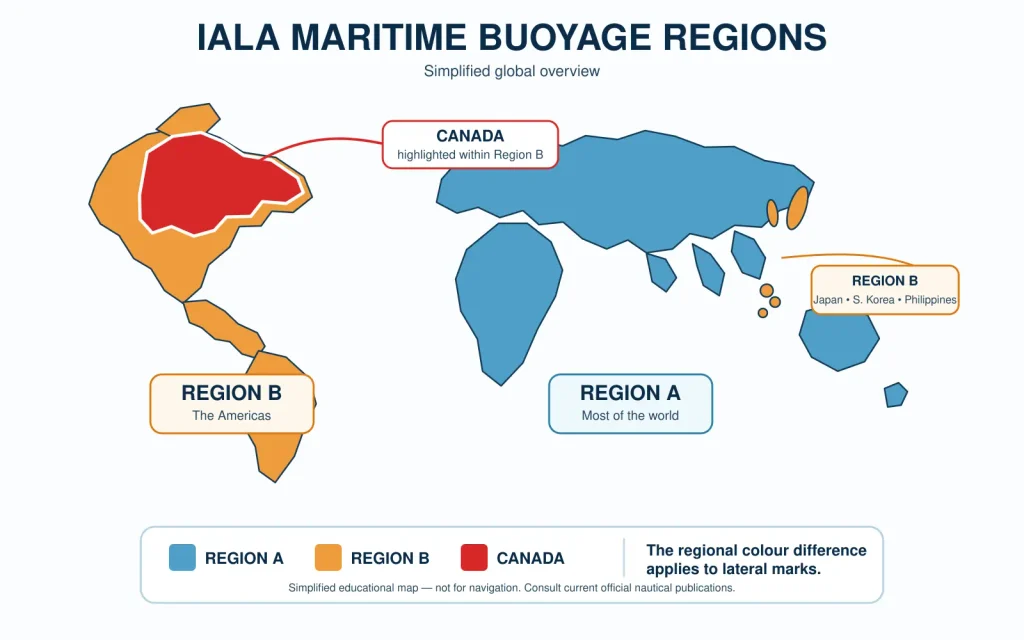 IALA Regions A and B world map with Canada highlighted in Region B; regional colour differences apply to lateral marks.