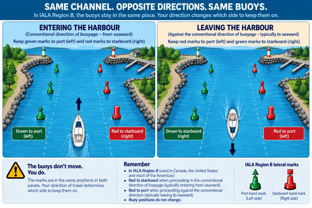 IALA Region B diagram showing green marks to port and red marks to starboard when entering a harbour, with the sides reversed when leaving.