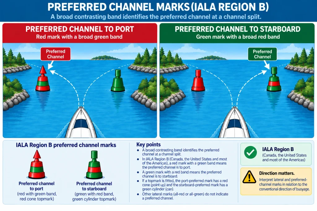 IALA Region B preferred channel marks showing a red mark with a broad green band for the preferred channel to port and a green mark with a broad red band for the preferred channel to starboard.