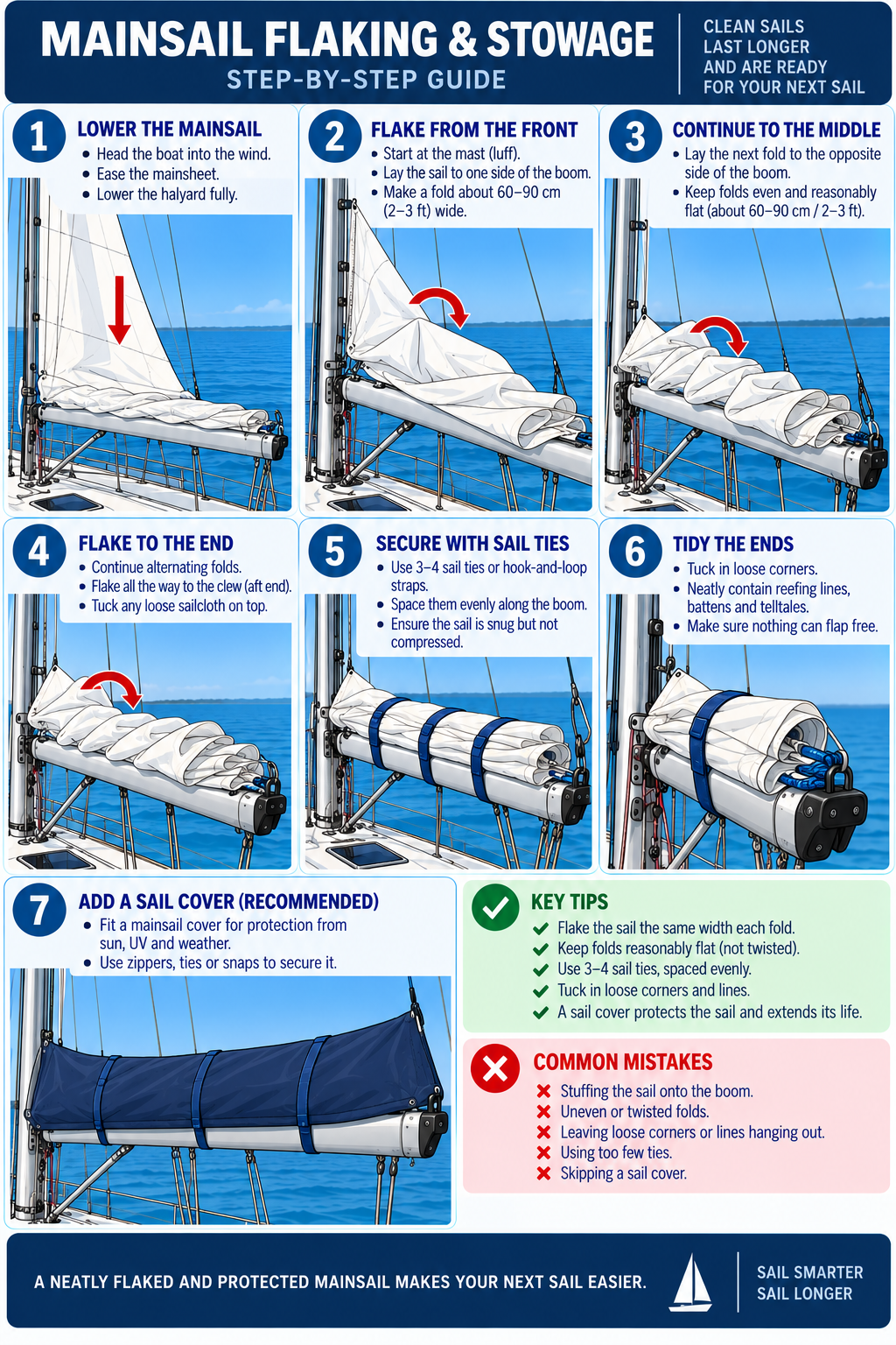 Sail handling reference card showing seven steps for lowering, flaking, securing and covering a mainsail on the boom.