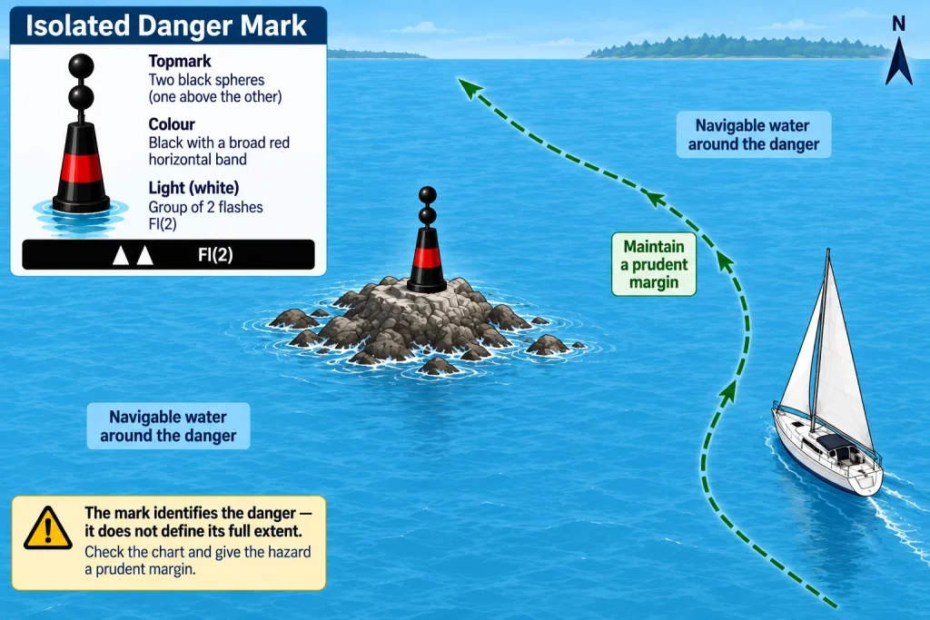 Isolated danger mark on a rocky hazard with two black sphere topmarks, a red band and Fl(2) white light, showing a sailboat maintaining a prudent margin.