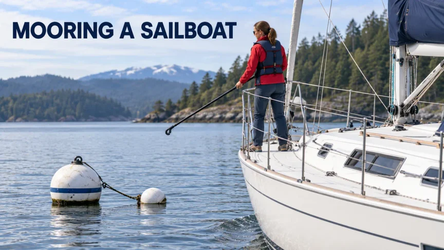 Bow crew member wearing a PFD prepares to retrieve a mooring buoy as a sailboat approaches slowly under power.