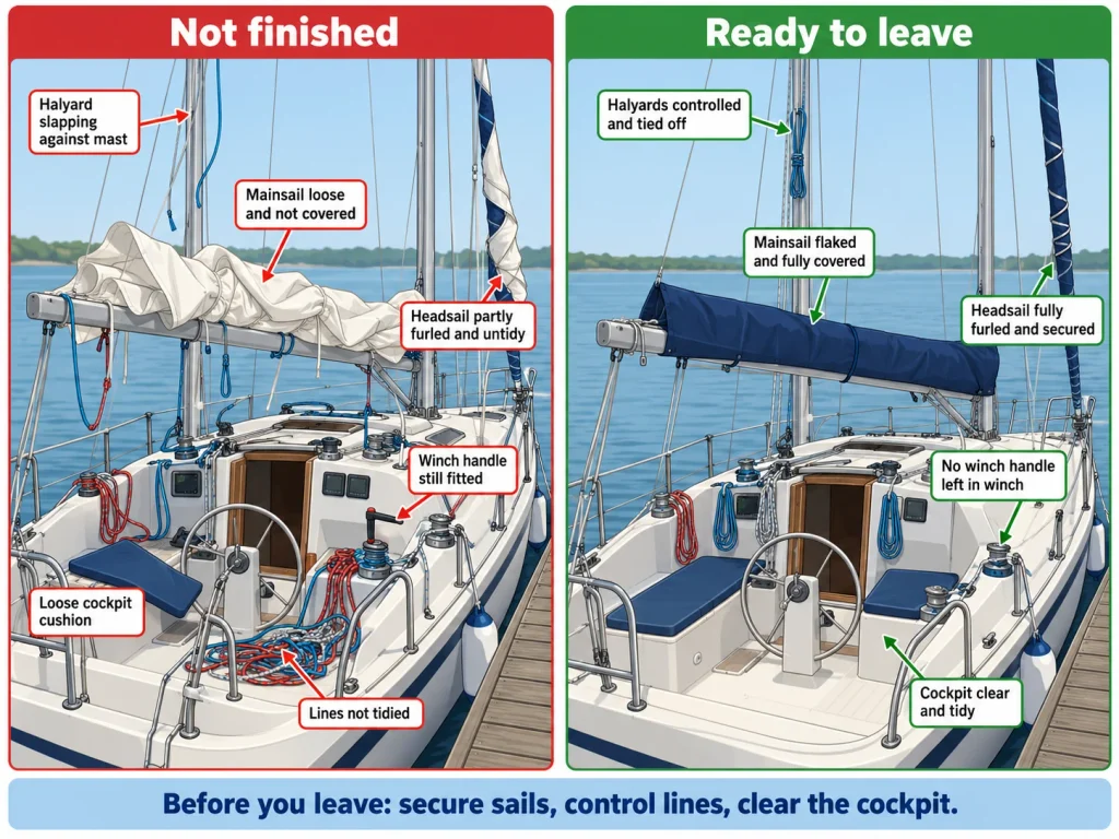 Two-panel sailboat diagram comparing an unfinished shutdown with a ready-to-leave boat, showing loose sails, an unsecured halyard, fitted winch handle, loose cushion and untidy lines versus secured sails, controlled halyards and a clear cockpit.