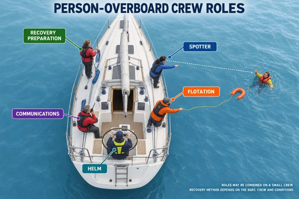 Overhead diagram showing person-overboard crew roles for helm, spotter, flotation, communications and recovery preparation.