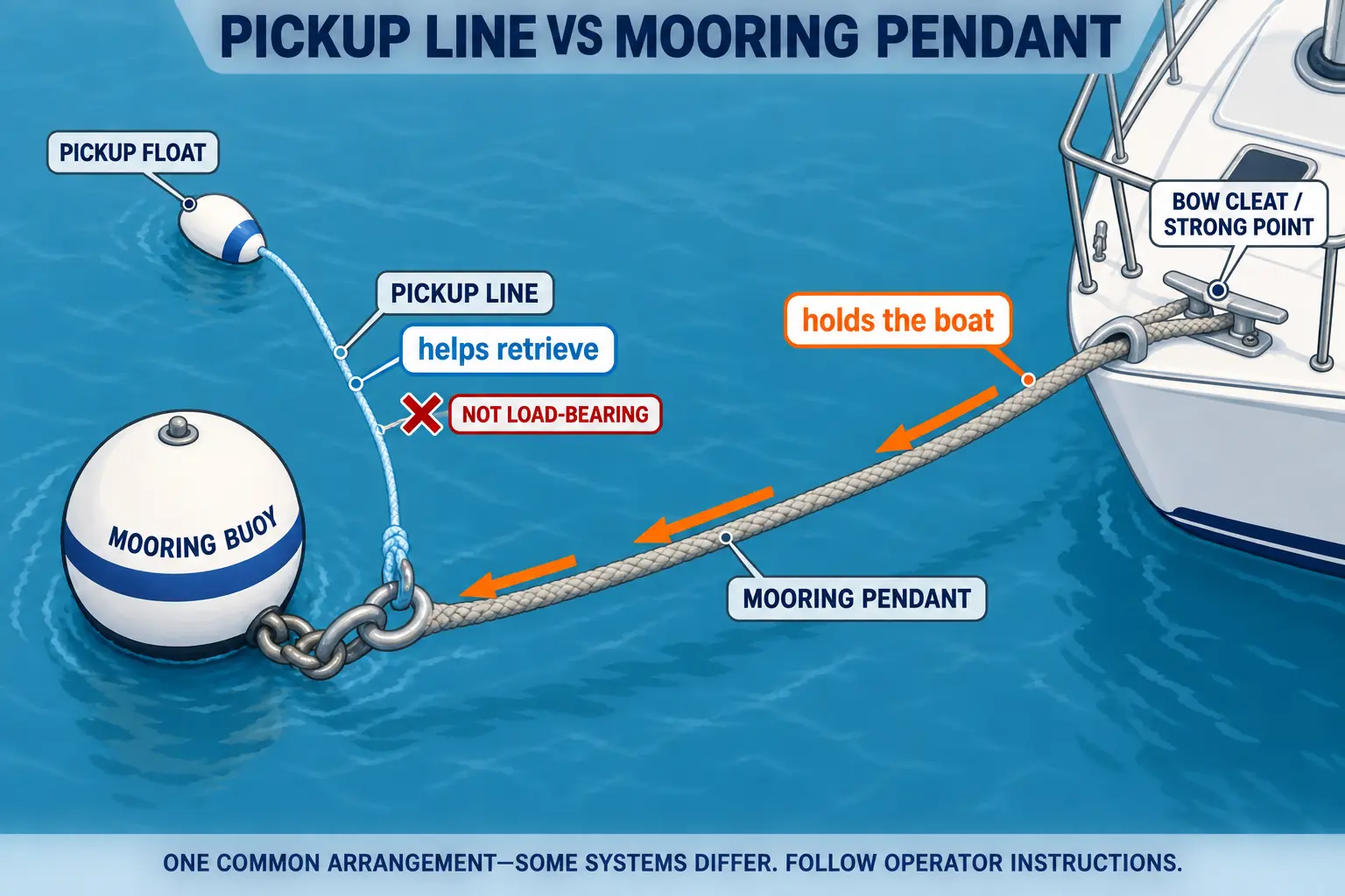 Diagram comparing a light pickup line with the heavier mooring pendant secured to a sailboat’s bow cleat.