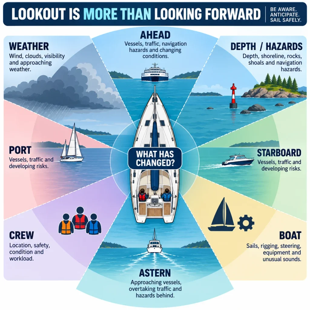 Top-down sailboat diagram showing lookout awareness areas ahead, astern, port, starboard, weather, depth and hazards, crew, and boat condition.