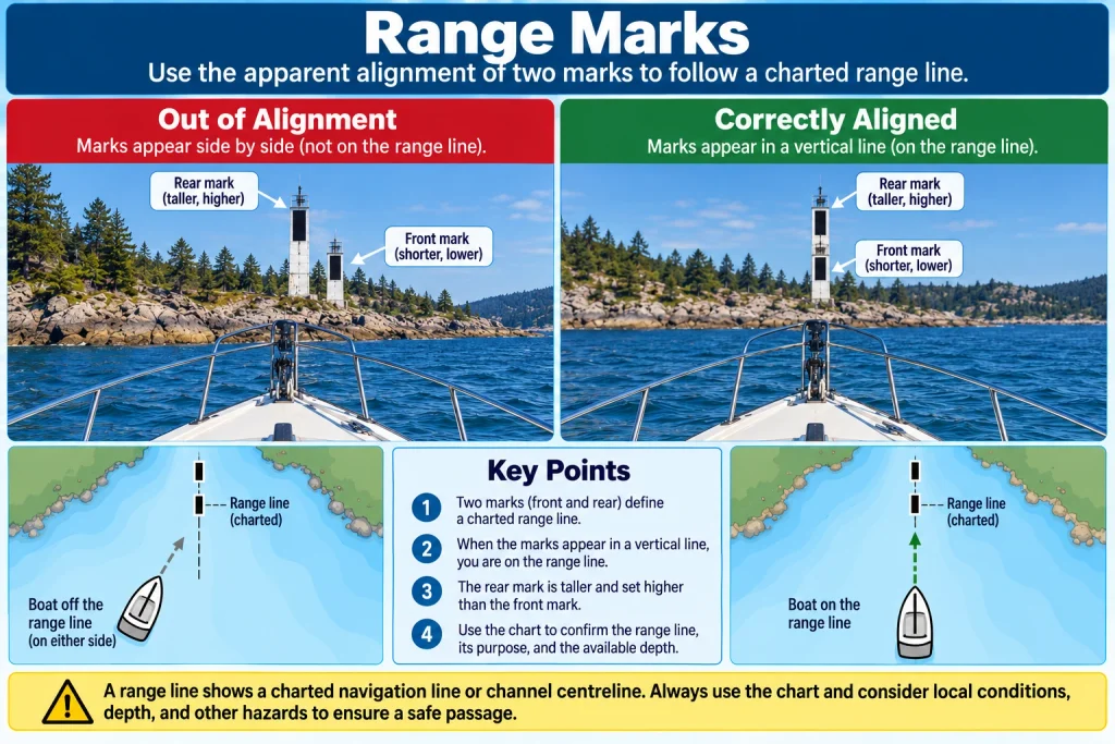 Range marks diagram showing a boat with the front and rear marks out of alignment, then vertically aligned when the boat is on the charted range line.