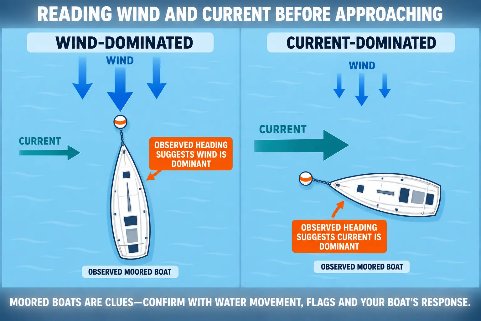 Two-panel diagram comparing how identical moored sailboats lie when wind or current is the dominant force.