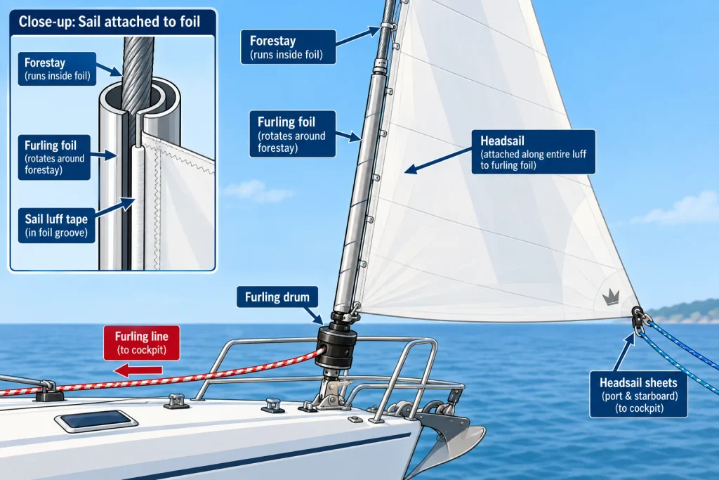 Diagram of a roller-furling headsail showing the forestay inside the foil, sail luff tape in the foil groove, furling drum, furling line and headsail sheets.
