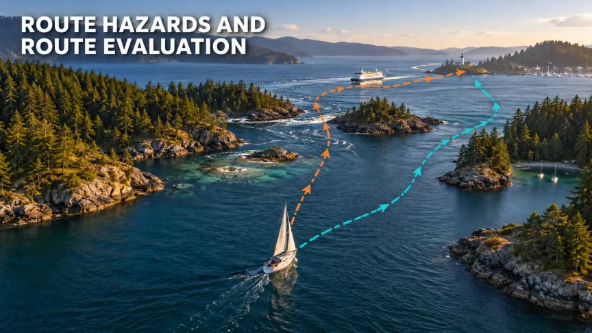 Aerial view of a sailboat comparing two routes through rocky coastal islands, with a shoal, narrow passage, ferry crossing and sheltered alternative.