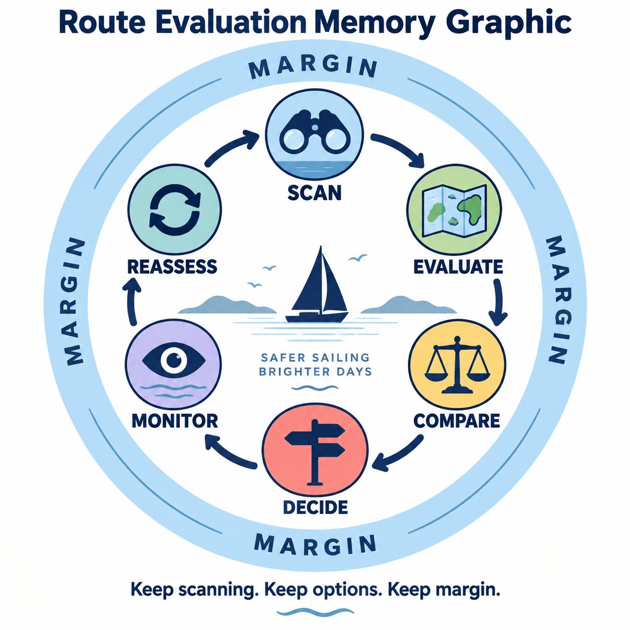 Circular route-evaluation process showing Scan, Evaluate, Compare, Decide, Monitor and Reassess, with reassessment returning to the scan and margin surrounding the entire process.