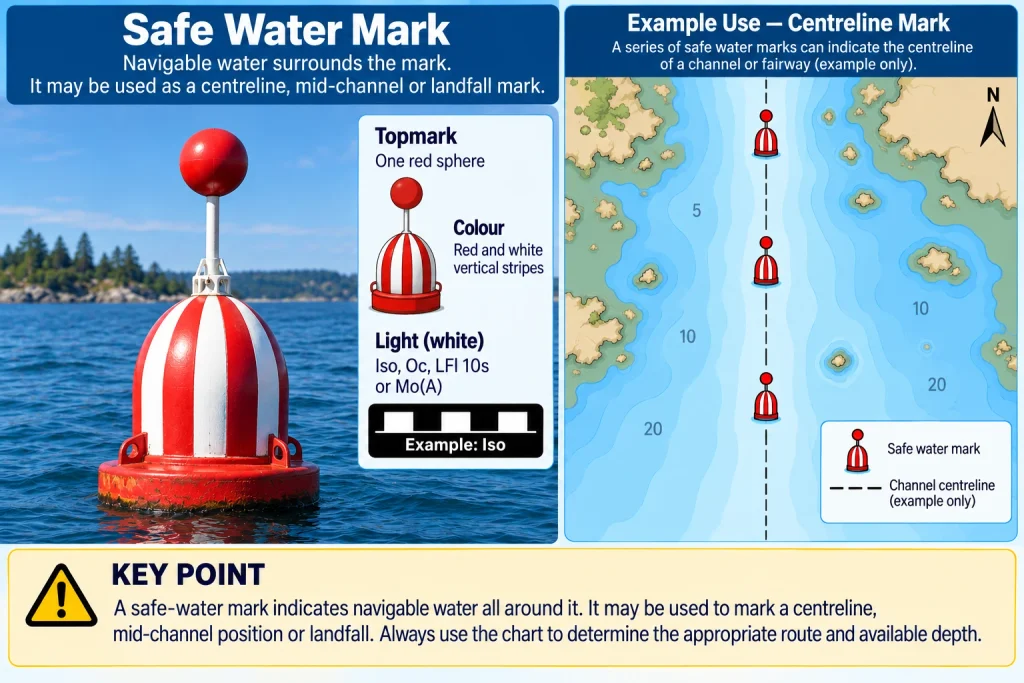 Safe water mark infographic showing a red and white vertically striped buoy with a red spherical topmark beside a simplified chart inset illustrating centreline use.