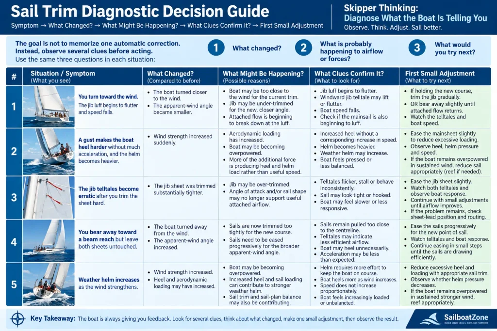 Sail trim diagnostic decision guide showing five sailing situations and how to observe symptoms, diagnose airflow or force changes, and make a small sail-trim adjustment.
