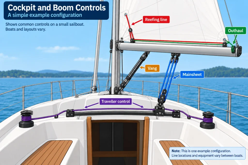 Sailboat cockpit and boom diagram showing the mainsheet, traveller control, vang, outhaul and reefing line.
